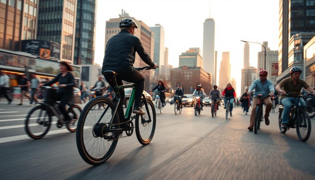 A bustling city street, the hum of electric motors and the rhythmic whir of bicycle wheels. In the foreground, a sleek "Ebike Explained" electric bicycle glides effortlessly through the urban landscape, its rider navigating the congested traffic with ease. The mid-ground features a diverse array of commuters, from pedestrians to traditional bicyclists, all sharing the vibrant scene. In the background, towering skyscrapers and a vibrant skyline set the stage for this modern, eco-friendly mode of transportation. Warm, diffused lighting casts a soft glow, creating a sense of energy and dynamism. Captured with a wide-angle lens, the composition emphasizes the bicycle's seamless integration into the city's fabric, showcasing the commuting capabilities and urban mobility of this innovative electric ride.