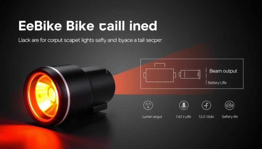 A close-up illustration of a sleek, state-of-the-art LED bike tail light, showcasing its key features. In the foreground, the tail light's lens is prominently displayed, emitting a warm, amber glow. The middle ground reveals the compact, streamlined housing design in matte black, accented by metallic trim. In the background, a minimalist, technical diagram outlines the light's key specifications, including lumen output, beam angle, and battery life. The overall mood is one of high-tech sophistication, conveying the safety and reliability of the "Ebike Explained" LED bike tail light.