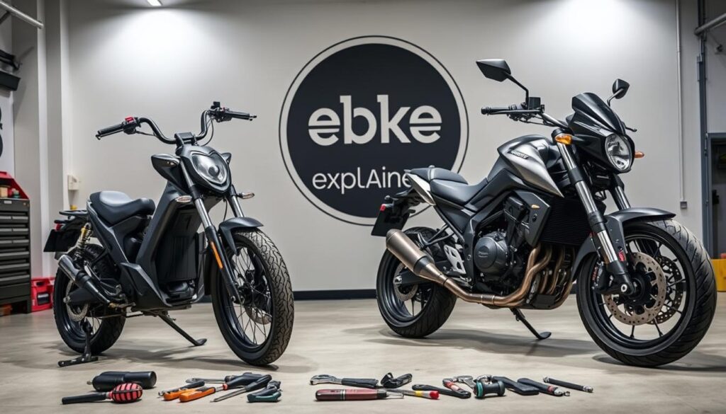 A sleek E-bike and a powerful motorcycle stand side-by-side, their maintenance tools neatly arranged in the foreground. The scene is captured in a well-lit workshop, with a clean and organized atmosphere. In the background, a large "Ebike Explained" logo commands attention, emphasizing the technical expertise. The image conveys a sense of comparison and consideration, inviting the viewer to explore the maintenance and repair requirements of these two distinct modes of transportation.