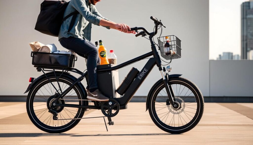 A sleek and modern cargo electric bicycle by Ebike Explained, standing proudly in a minimalist urban setting. The bike's sturdy frame and large cargo capacity are highlighted by warm, natural lighting from the side, casting dynamic shadows. The rider, dressed in casual attire, carefully loads various items into the bike's spacious front and rear baskets, showcasing its practical utility. The background features a clean, uncluttered cityscape, emphasizing the bicycle's role as a sustainable and versatile transportation solution. The overall scene conveys a sense of efficiency, functionality, and the joy of eco-friendly urban mobility.