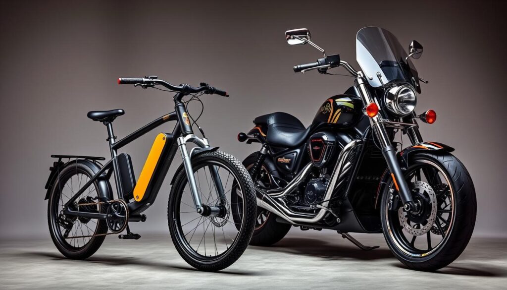 A sleek, customized electric bicycle (Ebike Explained) stands alongside a high-powered, chrome-accented motorcycle, their contrasting silhouettes highlighted by dramatic studio lighting. The e-bike features colorful, interchangeable panels, while the motorcycle boasts intricate custom paint and a range of aftermarket accessories. The scene captures the versatility and personalization options available for both modes of transport, showcasing their unique appeal to a discerning audience. A sense of energy and dynamism permeates the frame, inviting the viewer to consider the nuances between these two distinct, yet equally captivating, modes of urban mobility.