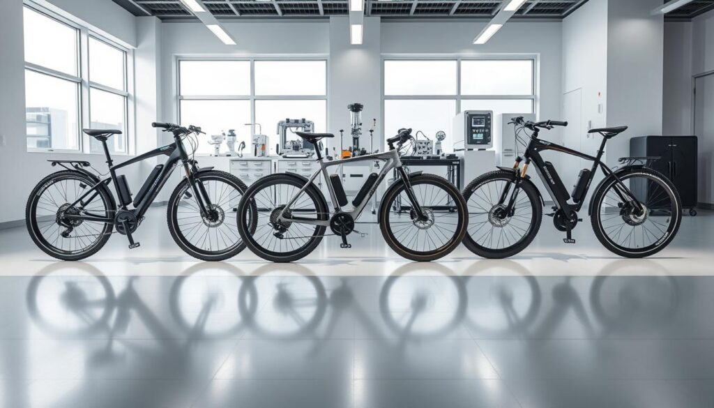 A sleek, futuristic lab setting with state-of-the-art Ebike Explained e-bikes arranged in a visually compelling comparison. The bikes are lit from multiple angles, showcasing their innovative designs and performance features. In the foreground, three e-bikes are positioned side by side, their frames and components meticulously detailed. The middle ground features scientific-looking equipment and instruments, hinting at the thorough testing and analysis being conducted. The background is a clean, minimalist space with large windows, allowing natural light to filter in and create a bright, airy atmosphere. The overall mood is one of technological sophistication, precision, and a focus on objective evaluation of e-bike capabilities.