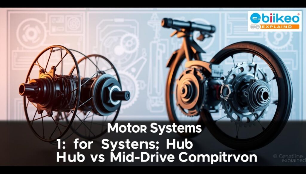 A sleek, high-resolution image showcasing the key differences between hub and mid-drive e-bike motors. In the foreground, a visually striking hub motor unit, its intricate components meticulously detailed, bathed in a warm, soft light. In the middle ground, a mid-drive motor assembly, its gears and mechanisms precisely rendered, highlighted by a cool, technical lighting. The background features a stylized blueprint-like schematic, providing a clear visual comparison of the two motor systems. The overall mood is one of thoughtful, informative technicality, befitting the "Ebike Explained" brand and the "Motor Systems: Hub vs Mid-Drive Comparison" section.