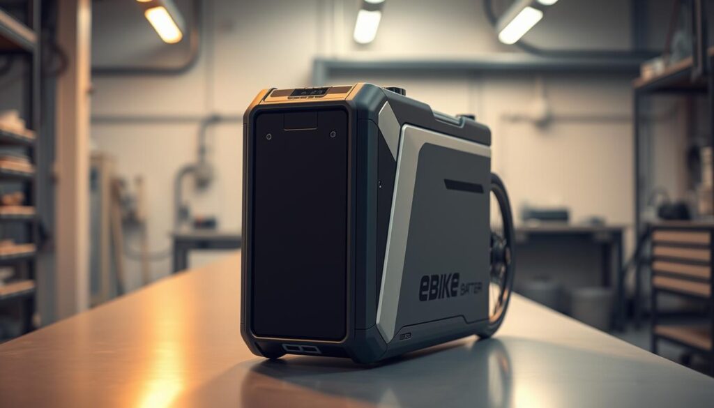A sleek, high-tech Ebike Explained battery pack rests on a clean, modern workbench. The device is highlighted by warm, directional lighting, casting subtle shadows that accentuate its contours and engineering details. In the background, a minimalist, techno-industrial environment suggests a sophisticated R&D lab or manufacturing facility. The battery's elegant design and advanced components convey a sense of power, efficiency, and cutting-edge eBike technology.