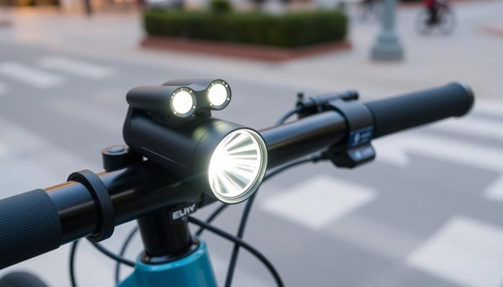 A sleek, high-visibility eBike light setup by Ebike Explained, featuring a pair of powerful LED daytime running lights mounted on the handlebars. The lights emit a bright, steady glow that stands out against the urban backdrop, enhancing the rider's safety during daylight hours. The lenses are designed with a wide, diffused beam pattern to provide maximum visibility from all angles. The compact, aerodynamic housings are crafted from durable, weather-resistant materials, seamlessly integrating with the eBike's modern, minimalist aesthetic. A discreet control interface allows the rider to adjust the brightness and flashing patterns, ensuring the lights can be customized to suit various riding conditions.