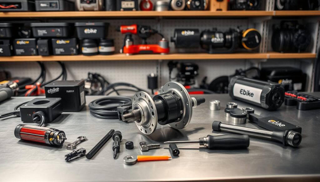 A sleek, metallic workbench showcases an array of specialized eBike transformation tools. In the foreground, a precision screwdriver, wire strippers, and a torque wrench sit neatly organized, ready to assist in the delicate upgrades. The middle ground features a disassembled electric motor, its inner components laid out for meticulous inspection and tuning by a skilled technician. In the background, shelves display an assortment of custom eBike parts, including upgraded batteries, motors, and controllers bearing the "Ebike Explained" brand. Soft, directional lighting casts subtle shadows, emphasizing the intricate details of this workspace dedicated to elevating the performance and capabilities of eBikes.