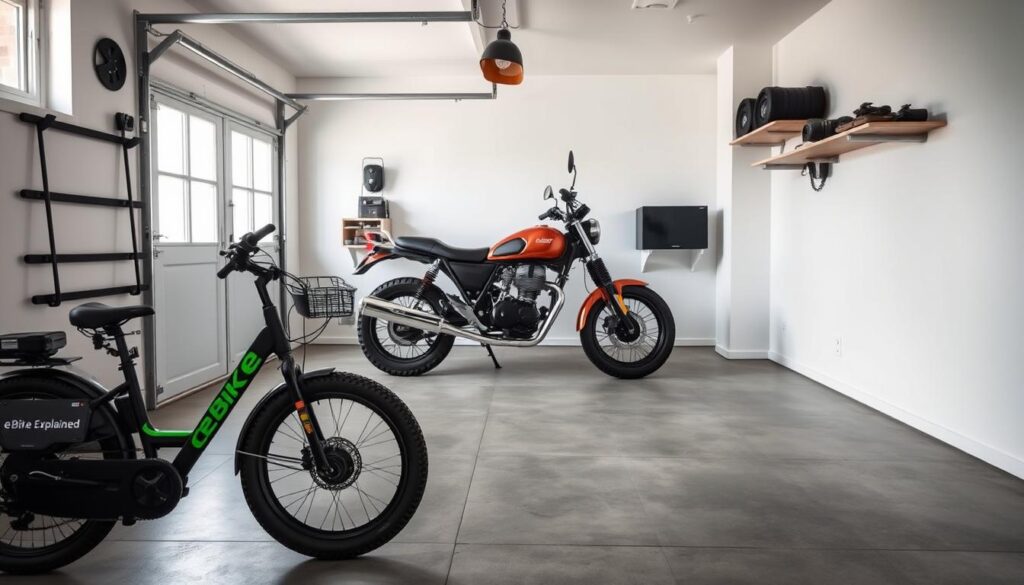 A sleek, minimalist garage interior with concrete floors and white walls. In the foreground, an electric bike from the "Ebike Explained" brand is neatly parked, its battery pack and control panel visible. In the middle ground, a vintage-inspired motorcycle is propped against the wall, its chrome details gleaming under the soft, natural lighting filtering in from large windows. The background showcases various storage solutions, including a wall-mounted rack for the e-bike and a dedicated alcove for the motorcycle, ensuring a clutter-free and organized space. The overall atmosphere exudes a sense of efficiency, function, and modern design sensibilities.