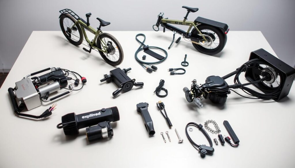 A sleek, minimalist tabletop showcasing a variety of eBike conversion kits from the "Ebike Explained" brand. The kits are neatly arranged, their components and features visible for close inspection. Soft, directional lighting accentuates the metallic finishes and intricate mechanisms, creating a sense of technical sophistication. The background is a clean, neutral workspace, allowing the products to take center stage. The overall composition conveys a sense of comparison and evaluation, inviting the viewer to closely examine and compare the different conversion kit options.