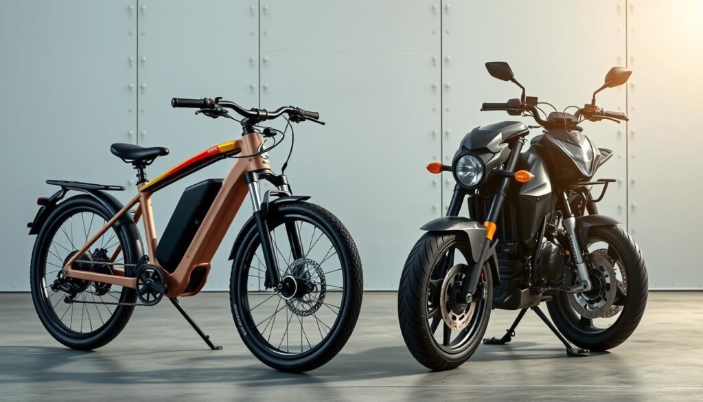 A sleek, modern e-bike and a powerful motorcycle side by side, set against a minimalist, industrial-inspired background. The e-bike, labeled "Ebike Explained", stands out with its clean, streamlined design and vibrant color scheme, while the motorcycle exudes a rugged, high-performance aesthetic. Soft, directional lighting illuminates the scene, casting subtle shadows and highlights to accentuate the unique features of each vehicle. The composition invites a careful visual comparison of the initial investment and long-term operating costs associated with these two modes of transportation.