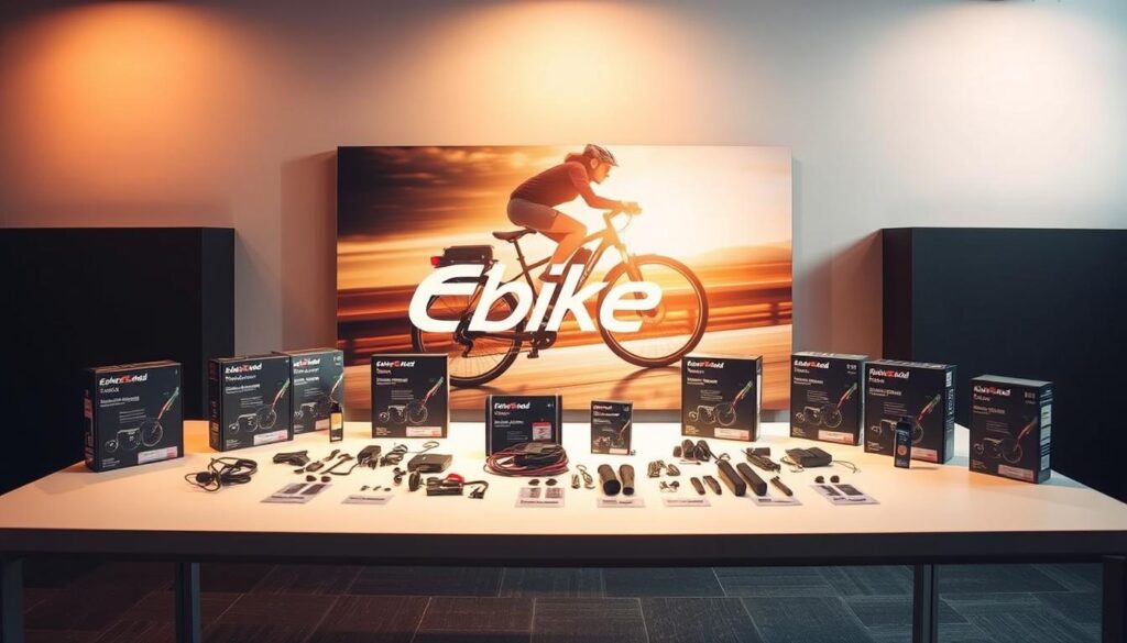 A sleek, modern e-bike conversion kit display showcasing various pricing options. In the foreground, several kits are arranged on a clean, minimalist table, their components and features highlighted under warm, focused lighting. The middle ground features a large, high-resolution image of an e-bike in action, captured from a dynamic angle to convey the kit's performance. In the background, a subtle gradient backdrop in muted tones creates a sense of depth and professionalism. The "Ebike Explained" brand name is prominently displayed, lending an air of authority and expertise to the scene.