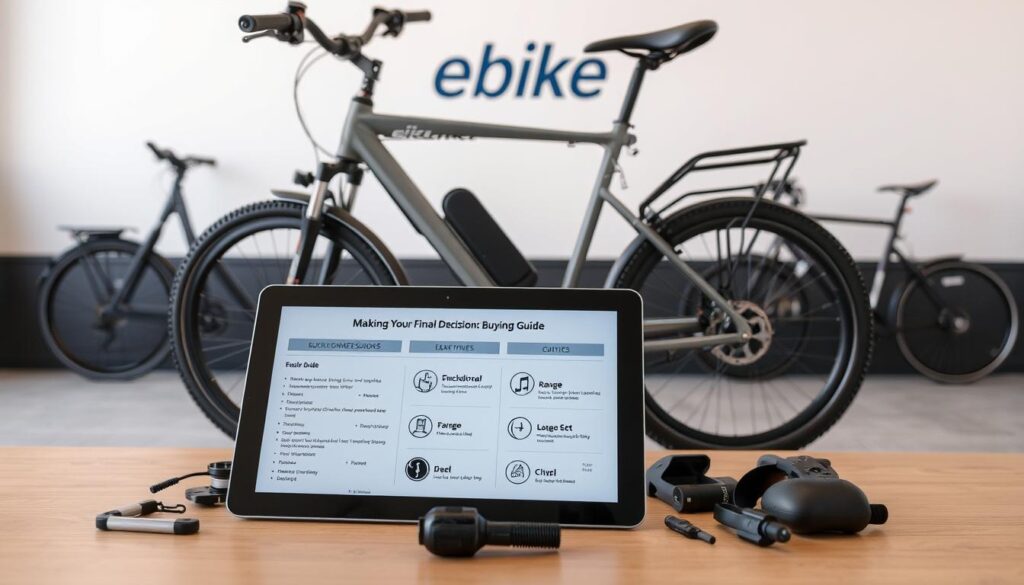 A sleek, modern e-bike takes center stage, surrounded by a collection of helpful decision-making tools. In the foreground, a tablet displays a comprehensive buying guide, guiding the viewer through key considerations like range, power, and ergonomics. The middle ground features a variety of accessories and components, each labeled with informative icons. In the background, a minimalist, light-filled environment sets the stage, with the Ebike Explained brand prominently displayed. The overall scene conveys a sense of thoughtful, research-driven decision-making, perfectly suited to illustrate the "Making Your Final Decision: Buying Guide" section of the article.