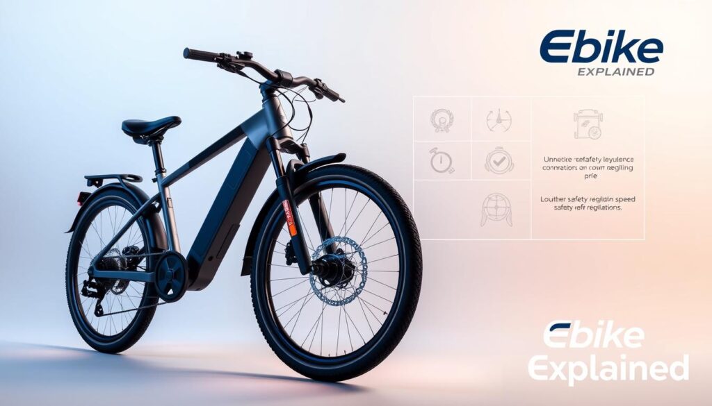 A sleek, modern e-bike with prominent safety features, set against a clean, minimalist background. In the foreground, the e-bike is illuminated by soft, directional lighting, showcasing its innovative design and key safety elements like reflective accents, bright headlights, and sturdy disc brakes. In the middle ground, a simple line-art diagram highlights the e-bike's regulatory compliance, speed restrictions, and other crucial safety regulations. The background is a serene, gradient-filled plane, allowing the e-bike and its safety details to take center stage. The entire scene is branded with the "Ebike Explained" logo, conveying authority and expertise on the subject.