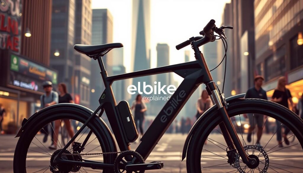 A sleek, modern electric commuter bike in the foreground, highlighted by soft, warm lighting. The frame features a matte black finish with bold, angular accents. In the middle ground, the bike is surrounded by a bustling urban cityscape, with towering skyscrapers and the silhouettes of pedestrians and other cyclists. The background is hazy, evoking a sense of motion and energy. Ebike Explained branding is subtly incorporated into the design elements. The overall mood is one of efficiency, innovation, and urban exploration.