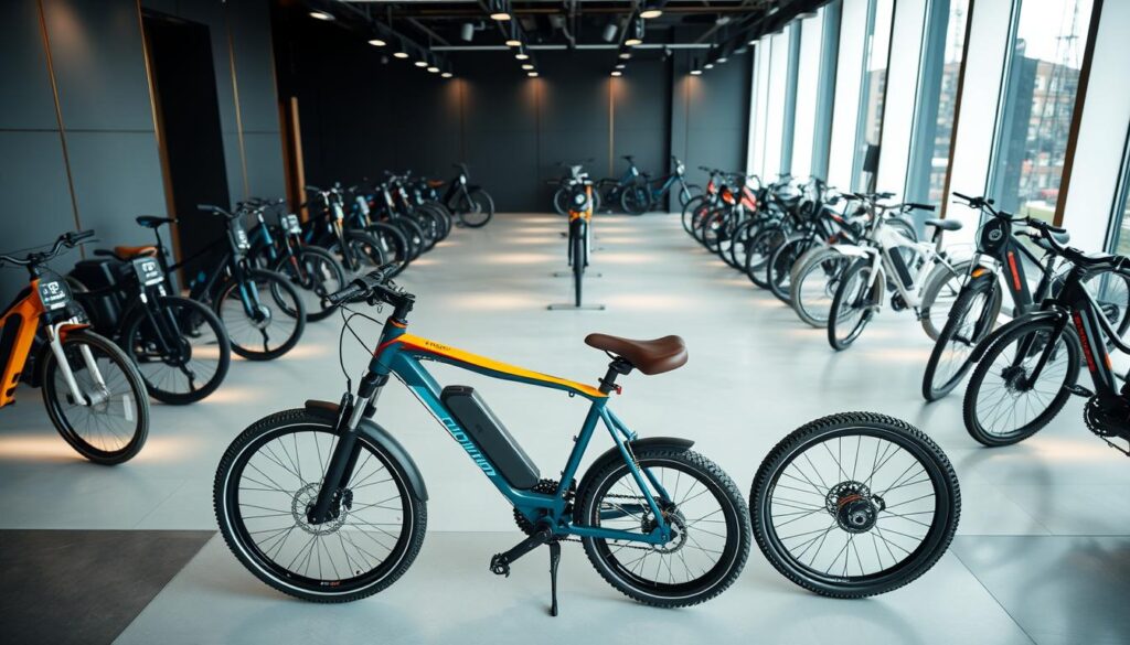 A sleek, modern showroom showcasing the top electric bicycle brands of 2023. In the foreground, the "Ebike Explained" brand takes center stage, its elegant frame and vibrant color palette drawing the eye. Surrounding it, an array of other leading e-bike models, each with its own distinctive design and features, are arranged in a harmonious display. The middle ground features a clean, minimalist backdrop, allowing the bicycles to shine. Soft, diffused lighting illuminates the scene, creating a sense of sophistication and allure. The overall atmosphere evokes a premium, high-tech experience, reflecting the cutting-edge nature of the featured e-bike brands.