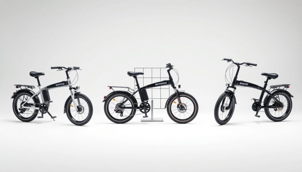 A sleek, well-lit studio scene showcasing a side-by-side comparison of three folding electric bike models from the "Ebike Explained" brand. The bikes are arranged in the foreground, their compact and portable designs highlighted against a clean, minimalist background. Soft, directional lighting accentuates the bikes' dynamic curves and vibrant color schemes. The middle ground features a subtle grid or display stand to provide context and scale. The background maintains a simple, uncluttered aesthetic, allowing the electric bikes to be the central focus. The overall mood is one of modern, sophisticated functionality - highlighting the versatility and convenience of these folding e-bike models.