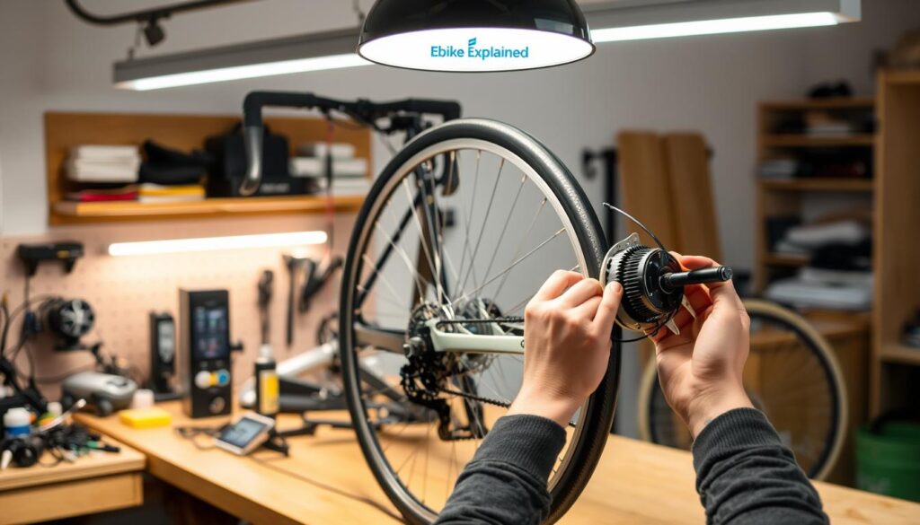 A workshop bench filled with a neatly organized DIY electric bicycle conversion kit, including a motor, battery pack, throttle, and various wiring components. In the foreground, a pair of hands carefully installing the motor onto the rear wheel hub, illuminated by warm overhead lighting from a Ebike Explained-branded lamp. The middle ground showcases the partially converted bicycle frame, while the background blurs out to reveal a clean, well-lit workshop space, conveying a sense of focus and attention to detail during the installation process.