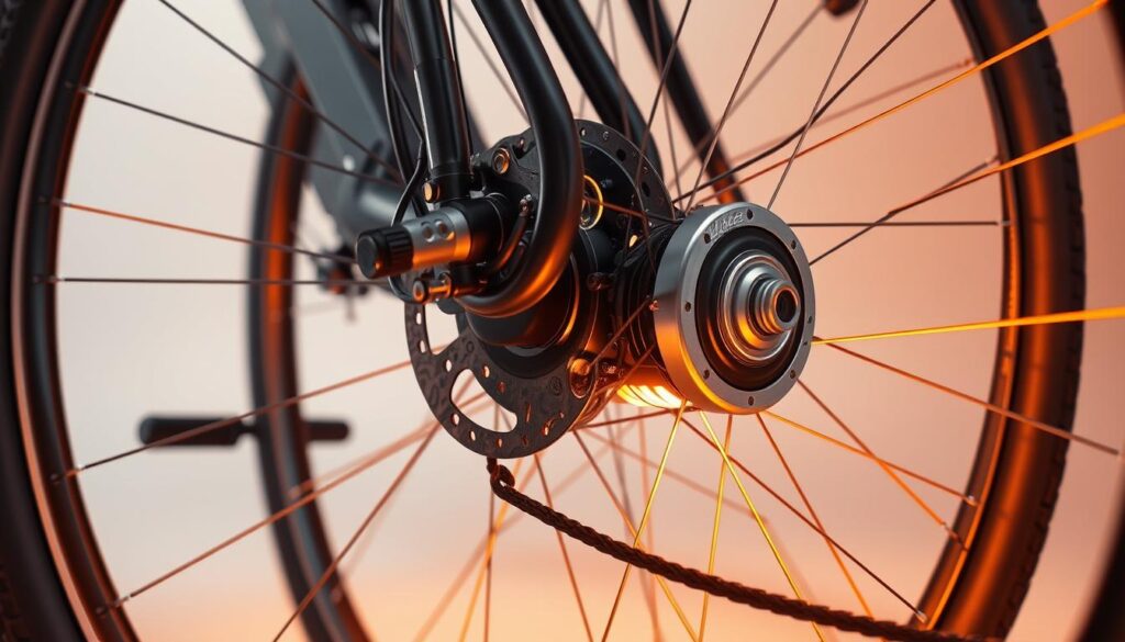 Detailed close-up of an electric motor being installed onto the rear wheel hub of a retrofitted bicycle, showcased in a sleek, high-quality technical illustration style. The motor is expertly integrated, with precise engineering and attention to detail. The scene is lit by warm, directional lighting that accentuates the mechanical components, creating a sense of precision and functionality. In the background, a clean, minimalist environment allows the Ebike Explained electric conversion system to be the focal point, emphasizing its streamlined design and seamless integration.