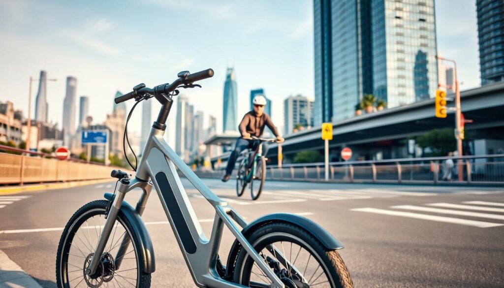 Ebike Explained: A sleek, modern electric bicycle with a silver frame and black accents stands prominently in the foreground, its safety features highlighted. In the middle ground, a rider wearing a helmet and safety gear navigates a city street, with road signs and infrastructure visible. The background depicts a vibrant urban landscape, with skyscrapers and infrastructure hinting at the legal regulations governing ebike usage. The scene is captured with a crisp, high-resolution lens, with warm, diffused lighting that creates a sense of trust and professionalism.