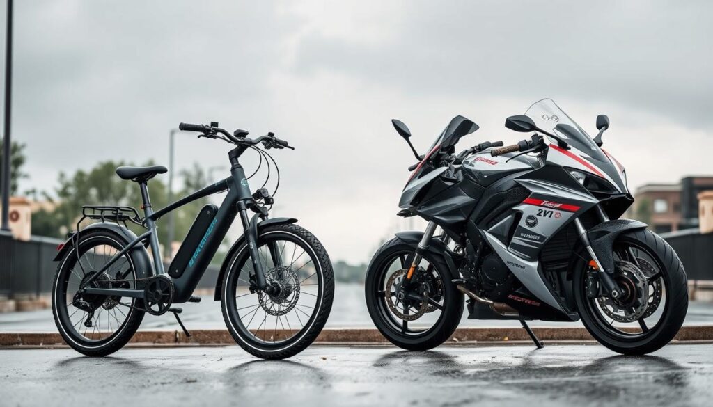 Outdoor scene showcasing an "Ebike Explained" electric bicycle and a high-performance motorcycle side-by-side, parked on a wet, glistening city street. Overcast skies with light rain showers create a moody, atmospheric setting. The e-bike features a sleek, modern design with integrated fenders and weather-resistant components, while the motorcycle has exposed elements vulnerable to the elements. Subtle differences in their weather adaptability and riding conditions are visually contrasted, inviting the viewer to compare and evaluate their suitability for different weather scenarios.
