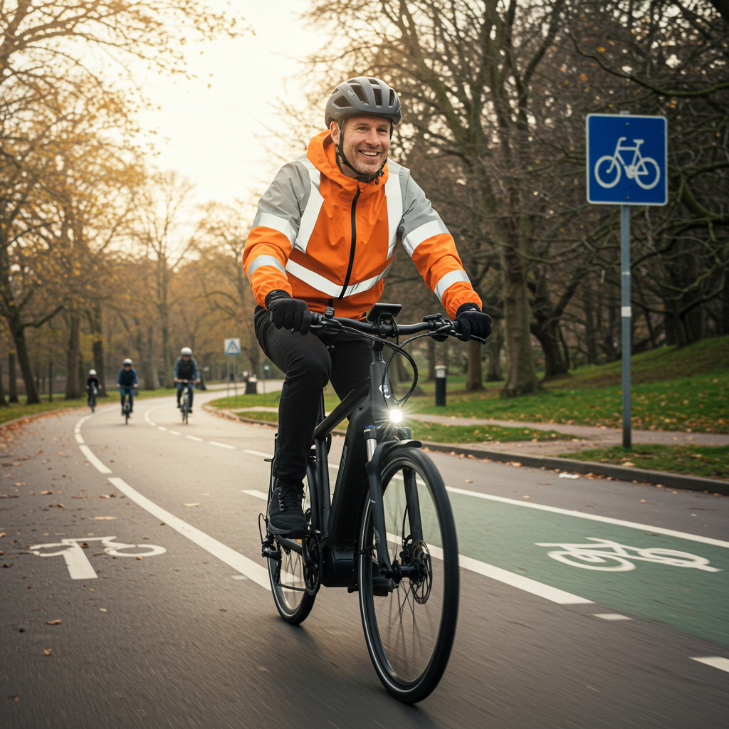 beginner electric bike rider, wearing safety gear including a helmet with MIPS