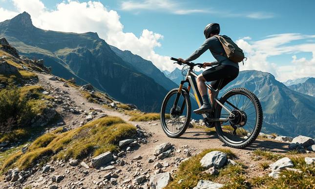 Lightweight eMTB climbing a rugged alpine trail