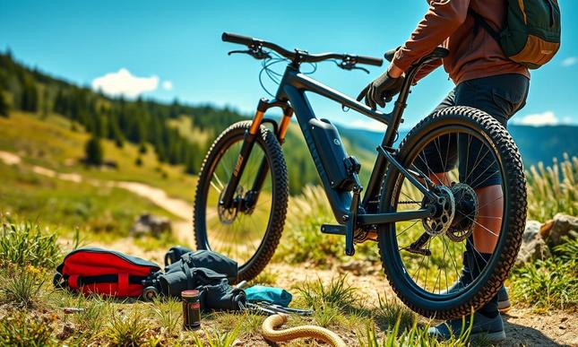 E-mountain bike - in nature, checking bike battery and gears.